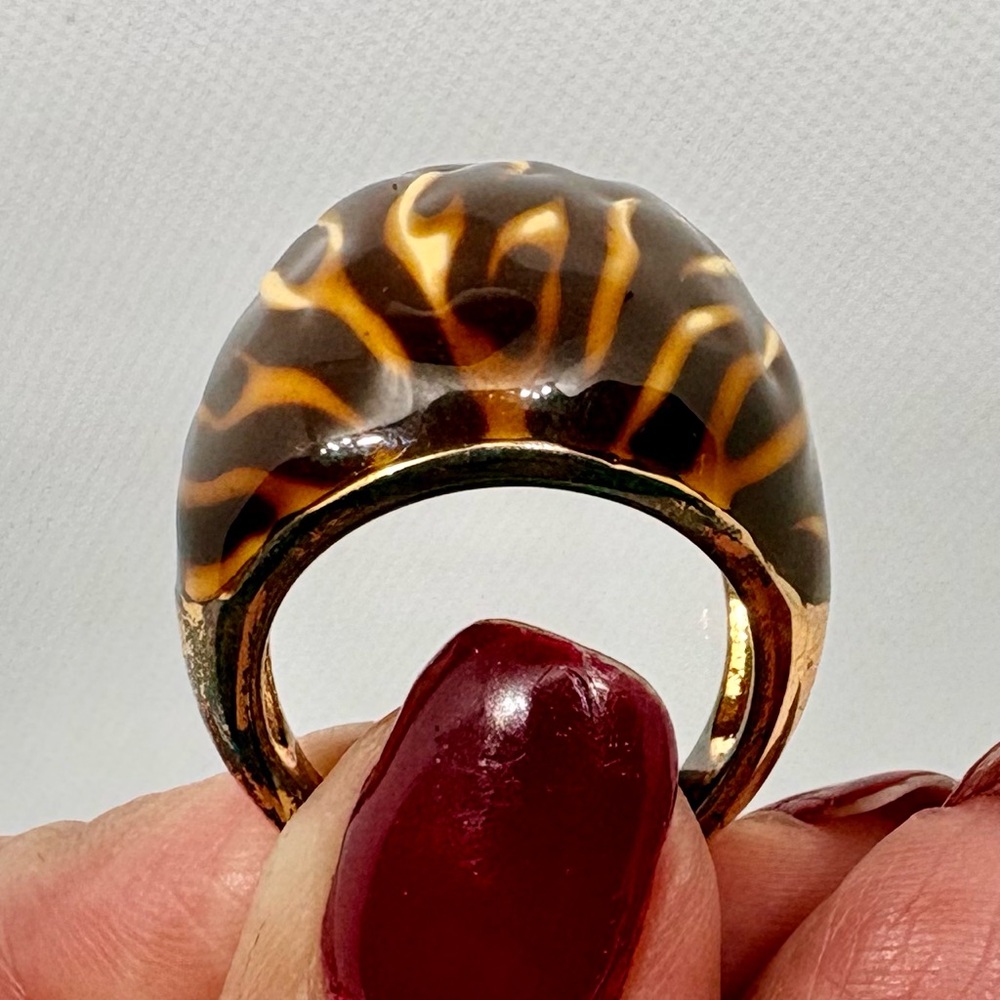 Vintage Tiger Stripe Enamel Dome Ring, Gold Plated Brass Statement Ring Size 8